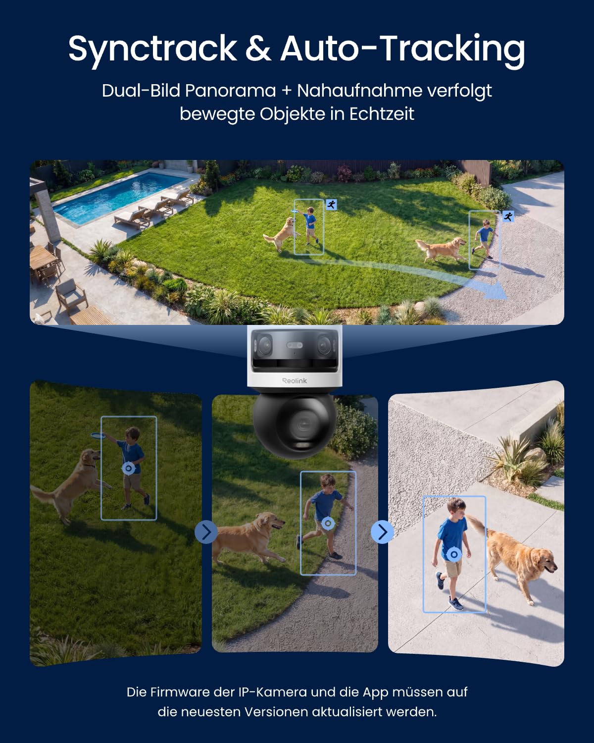 Dreifachobjektiv PoE Überwachungskamera außen 10MP+8MP 180° Panorama PTZ Auto-Tracking KI-Erkennung Farb- und IR-Nachtsicht 24/7-Aufzeichnung