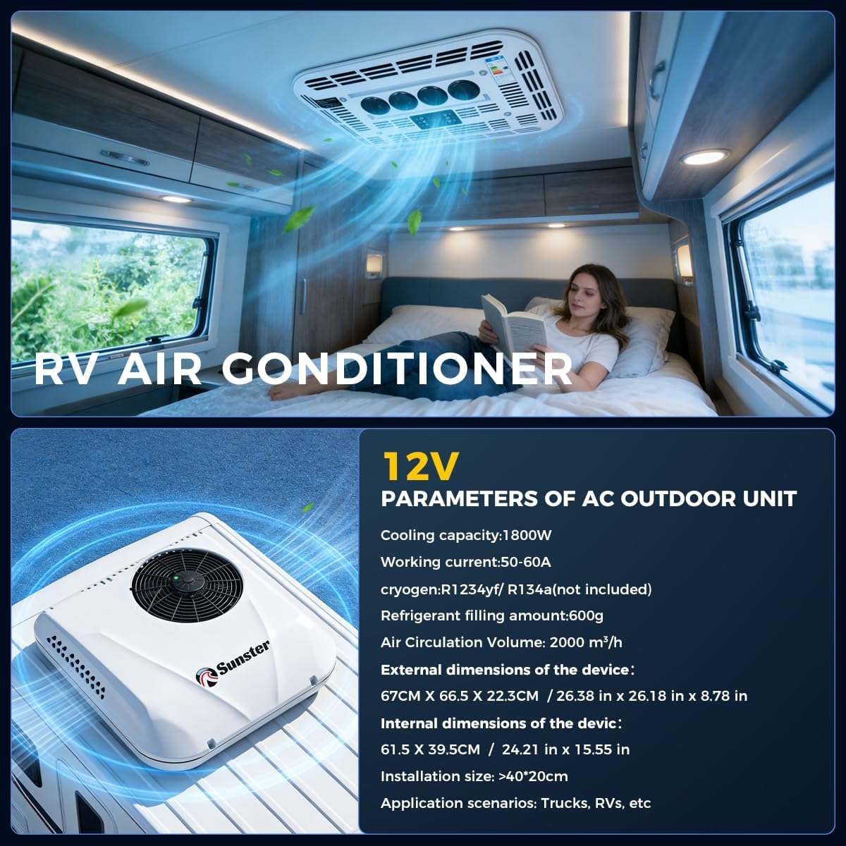 Dachklimaanlage Kühlung 12V 6000BTU 1,8kW Mehrere Modi Niederdruckschutz für Wohnmobil Wohnwagen LKW Camper Bagger