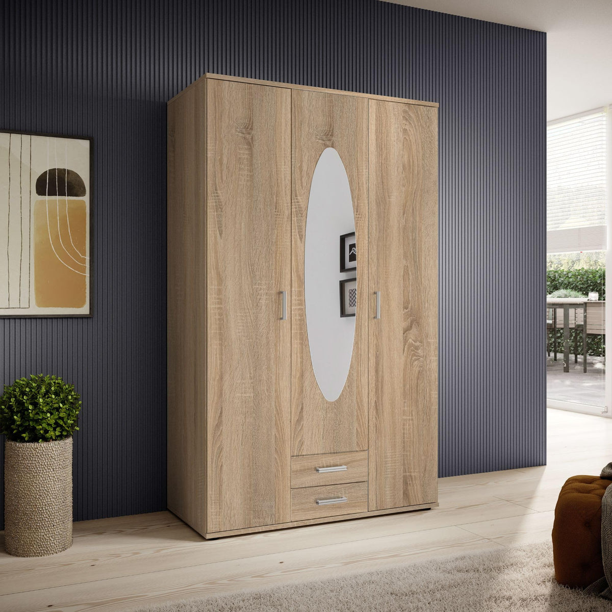 Kleiderschrank 3-türig 58-792-66 120 x 195 x 55 cm Drehtürenschrank mit Spiegeltür 2 Schubladen und 3 Regalböden