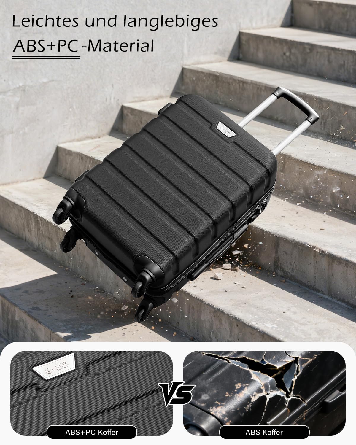 Kofferset Hartschale 3-teilig DE13 M L XL 65 L mit 360° Rollen TSA Schloss und 2 Griffen