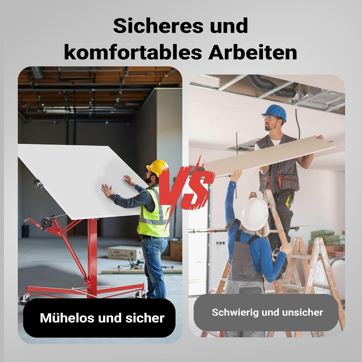 Plattenheber XXL 50790 Trockenbau 68kg Tragkraft 140–350cm Höhe 2,90m Breite 3 Rollen mit Feststellbremse rot