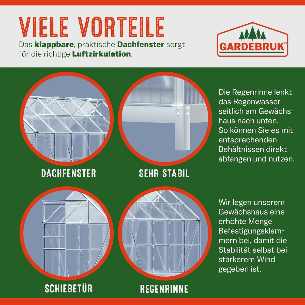 Aluminium Gewächshaus 7,2m² 380x190cm Treibhaus Polycarbonat 4mm 4 Dachfenster mit Fundament
