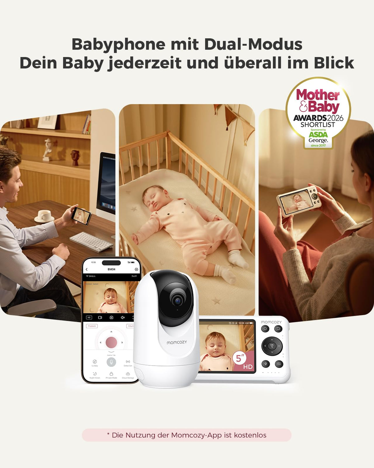 Babyphone mit 2 Kameras BM04-1 5 Zoll WLAN 1080p Nachtsicht 2-Wege-Audio Bewegungserkennung App-Steuerung 4-fach Zoom