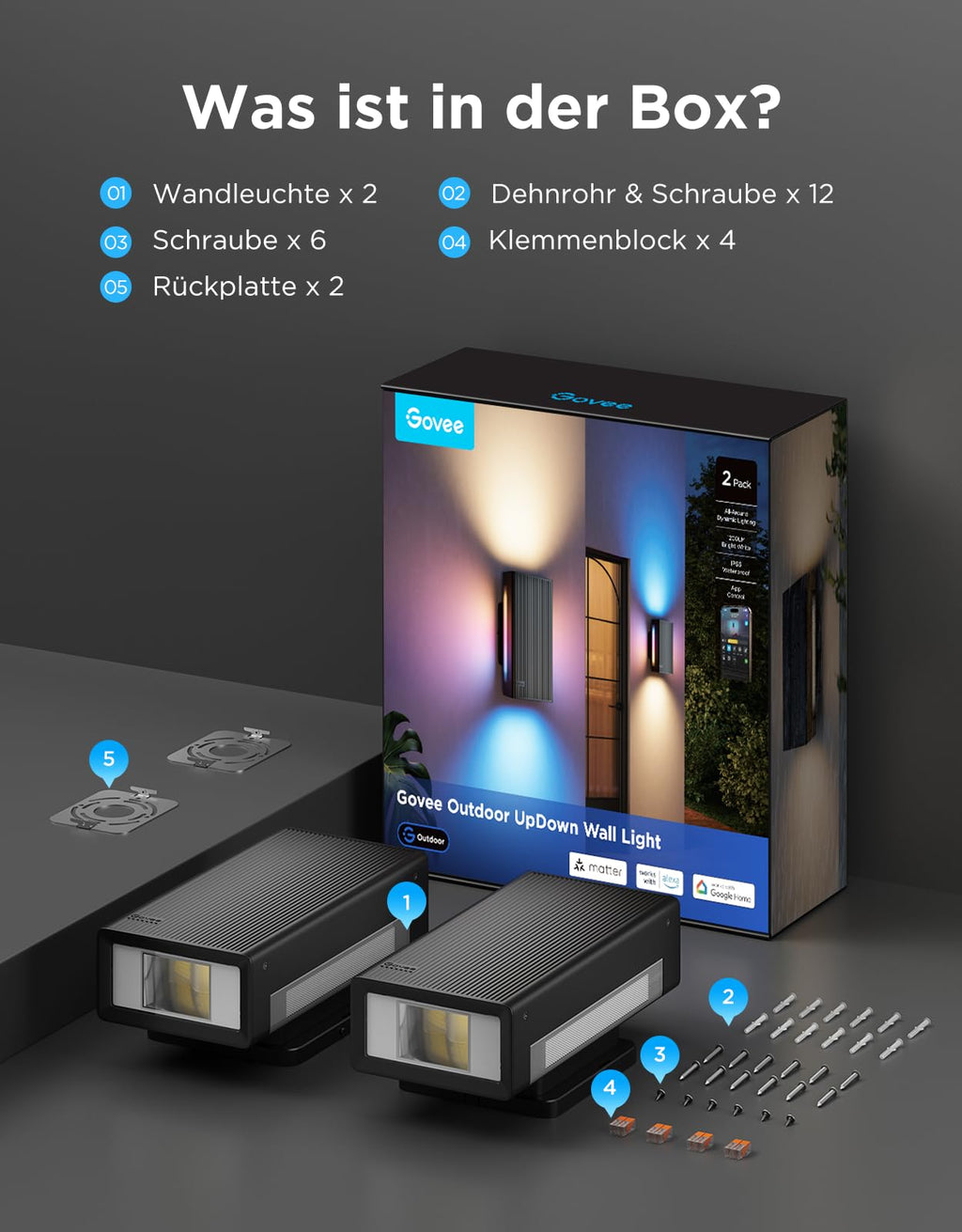 Outdoor UpDown LED Wandleuchten 2er Pack RGBICWW 1400 lm 2700K–6500K IP66 WLAN Bluetooth Matter kompatibel