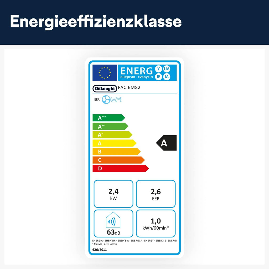 Mobile Klimaanlage PAC EM82 2,4 kW 9400 BTU mit Entfeuchter 24 h Timer 63 dB und Abluftschlauch
