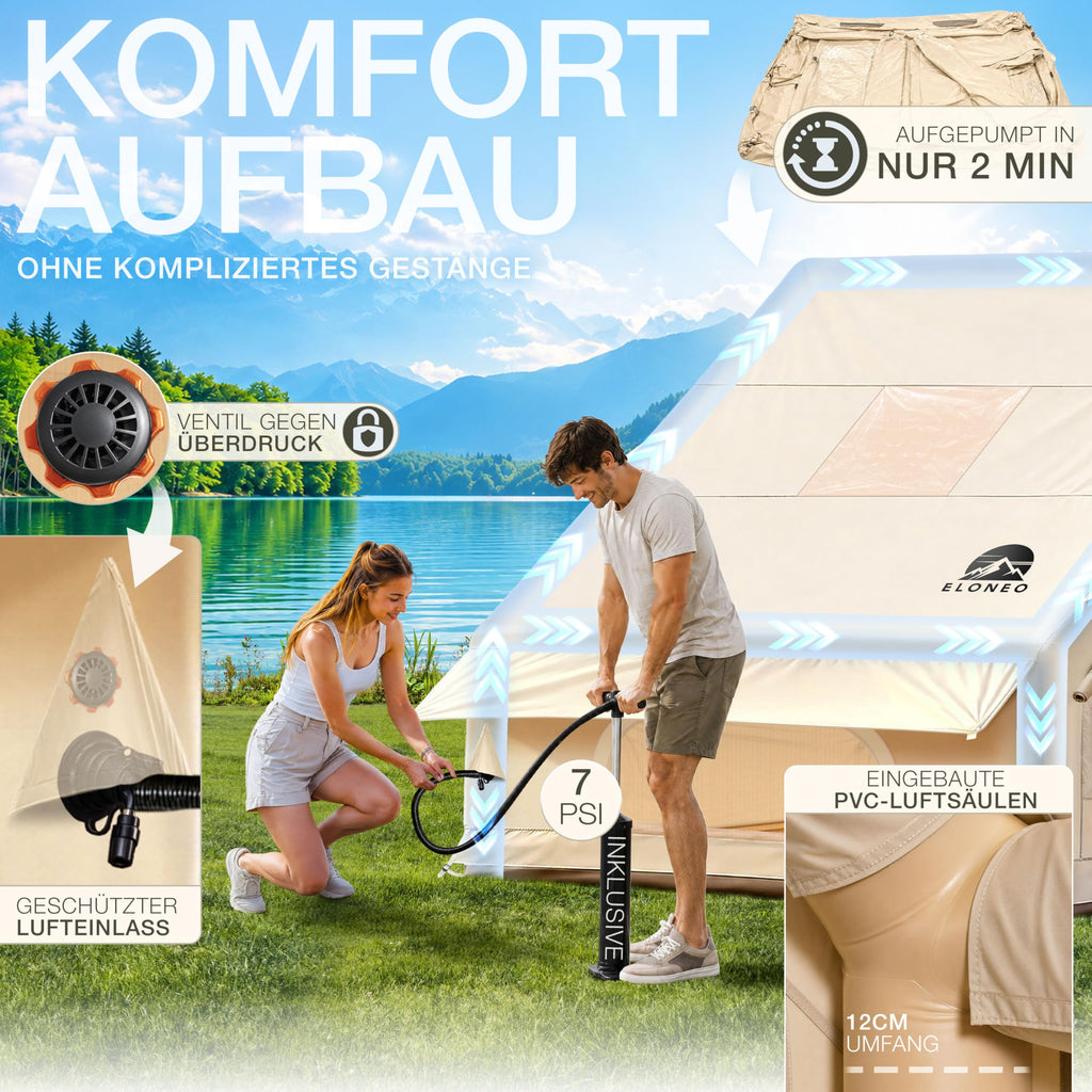 Aufblasbares Glamping-Zelt 72605 für 2–4 Personen 420D Oxford 4000–5000 mm mit Dachfenster und Luftpumpe