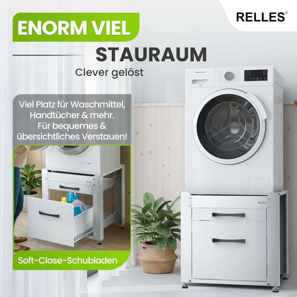 Waschmaschinen Untergestell A007 mit Schublade und Ablage 500 kg Tragkraft 62 x 62 x 57,5 cm höhenverstellbare Füße