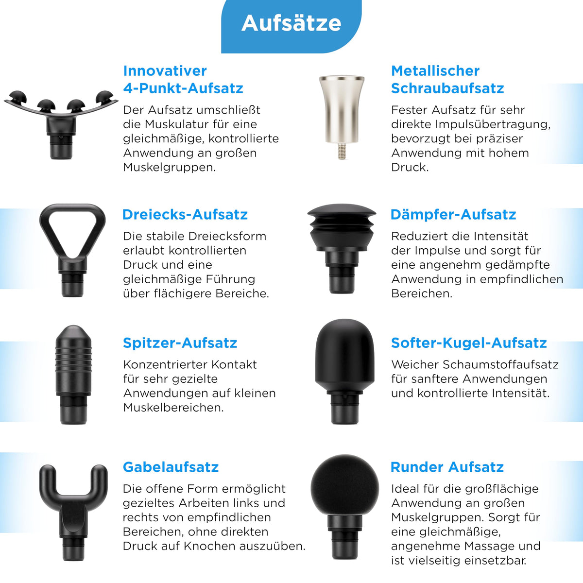 Massagepistole OM 4.0 Flex mit 8–12 mm Amplitude 5 Frequenzstufen 4000 mAh Akku 8 Aufsätzen und App