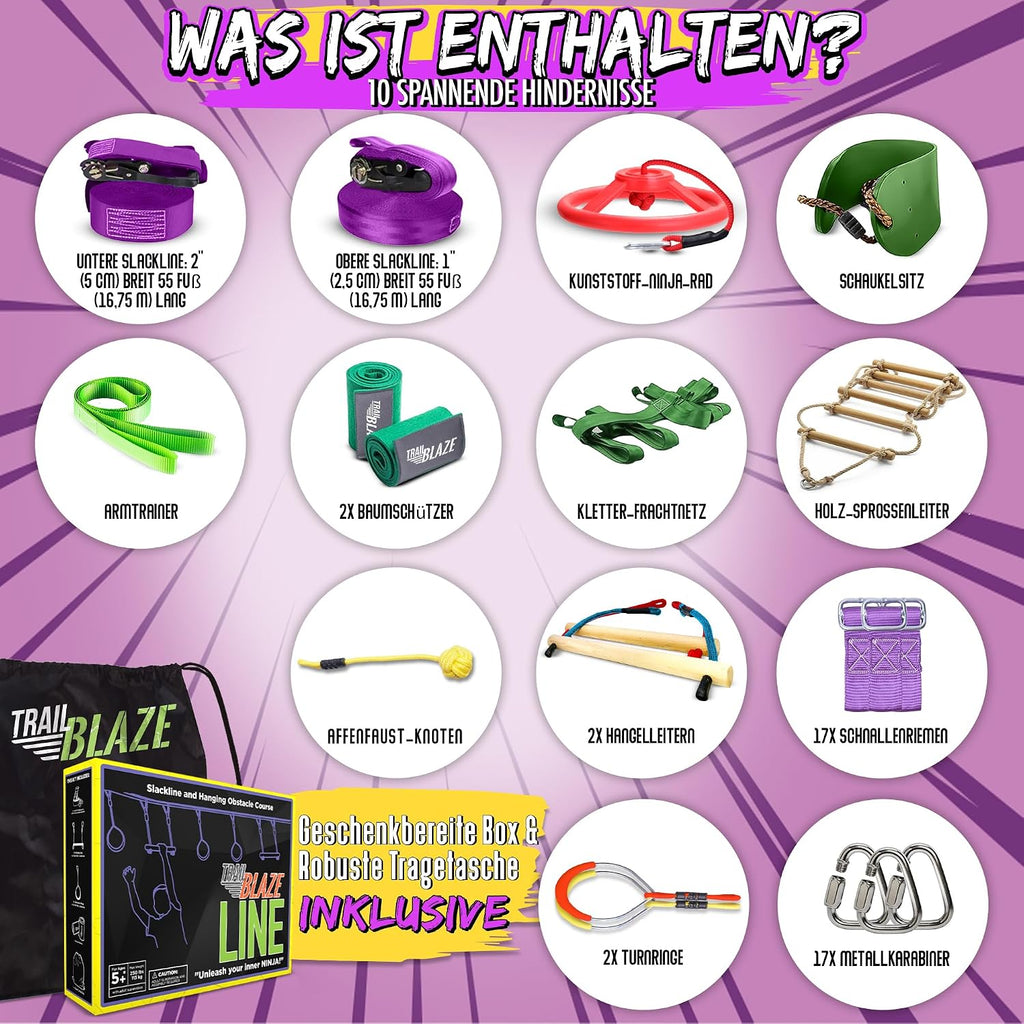 Ninja Hindernisparcours für Kinder Slackline Set 16,8 m mit Kletternetz Seilleiter Gymnastikringen Outdoor Trainingsgerät
