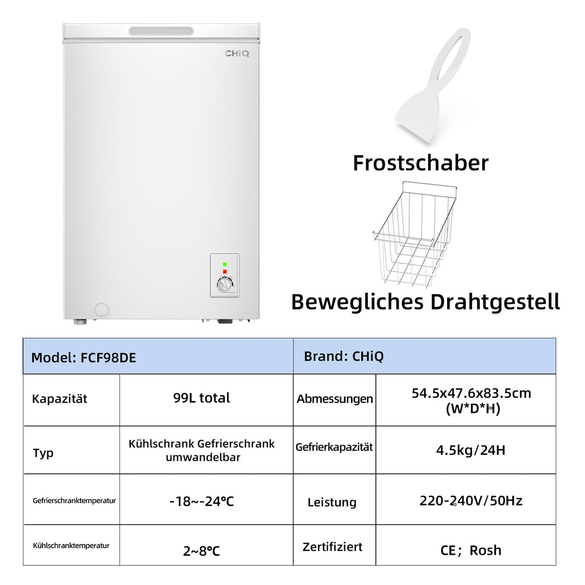 Gefriertruhe FCF98DE 99 Liter freistehend mit Schnellgefrierfunktion LED-Beleuchtung und 4-Sterne-Gefrierfach