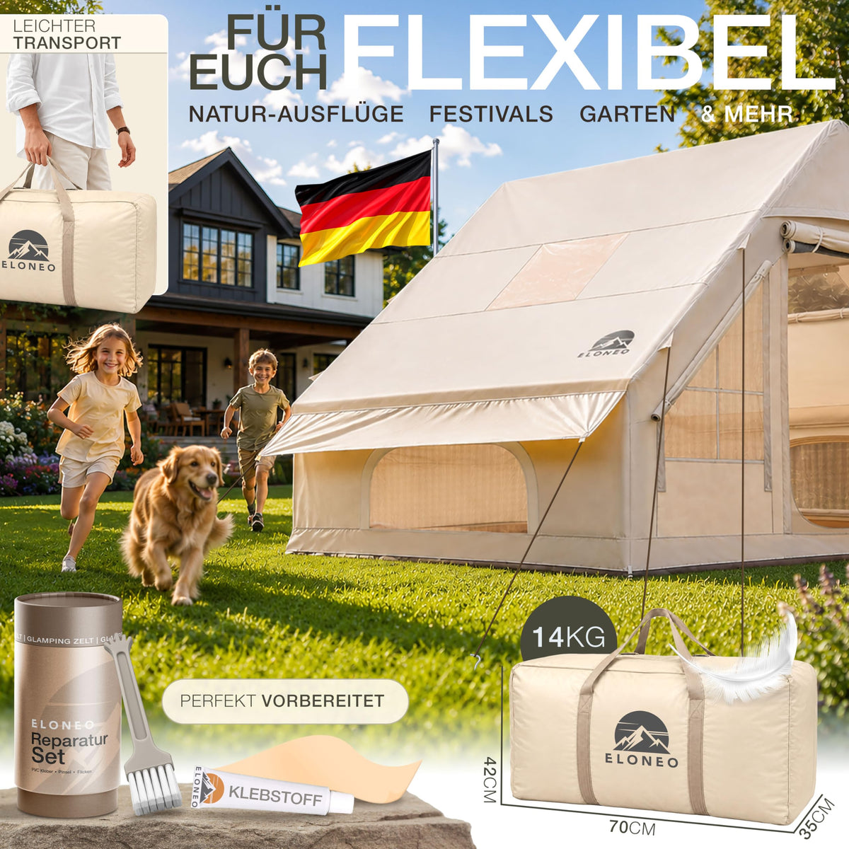 Aufblasbares Glamping-Zelt 72605 für 2–4 Personen 420D Oxford 4000–5000 mm mit Dachfenster und Luftpumpe