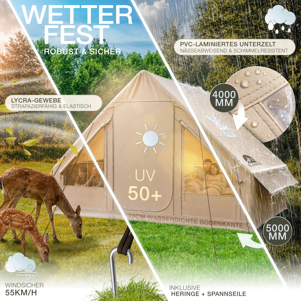 Aufblasbares Glamping-Zelt 72605 für 2–4 Personen 420D Oxford 4000–5000 mm mit Dachfenster und Luftpumpe