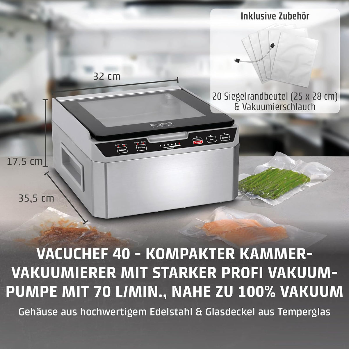 Kammervakuumierer VacuChef 40 Modell 1417 3L Vakuumkammer 70L/min Doppelte Schweißnaht inkl 20 Vakuumbeutel
