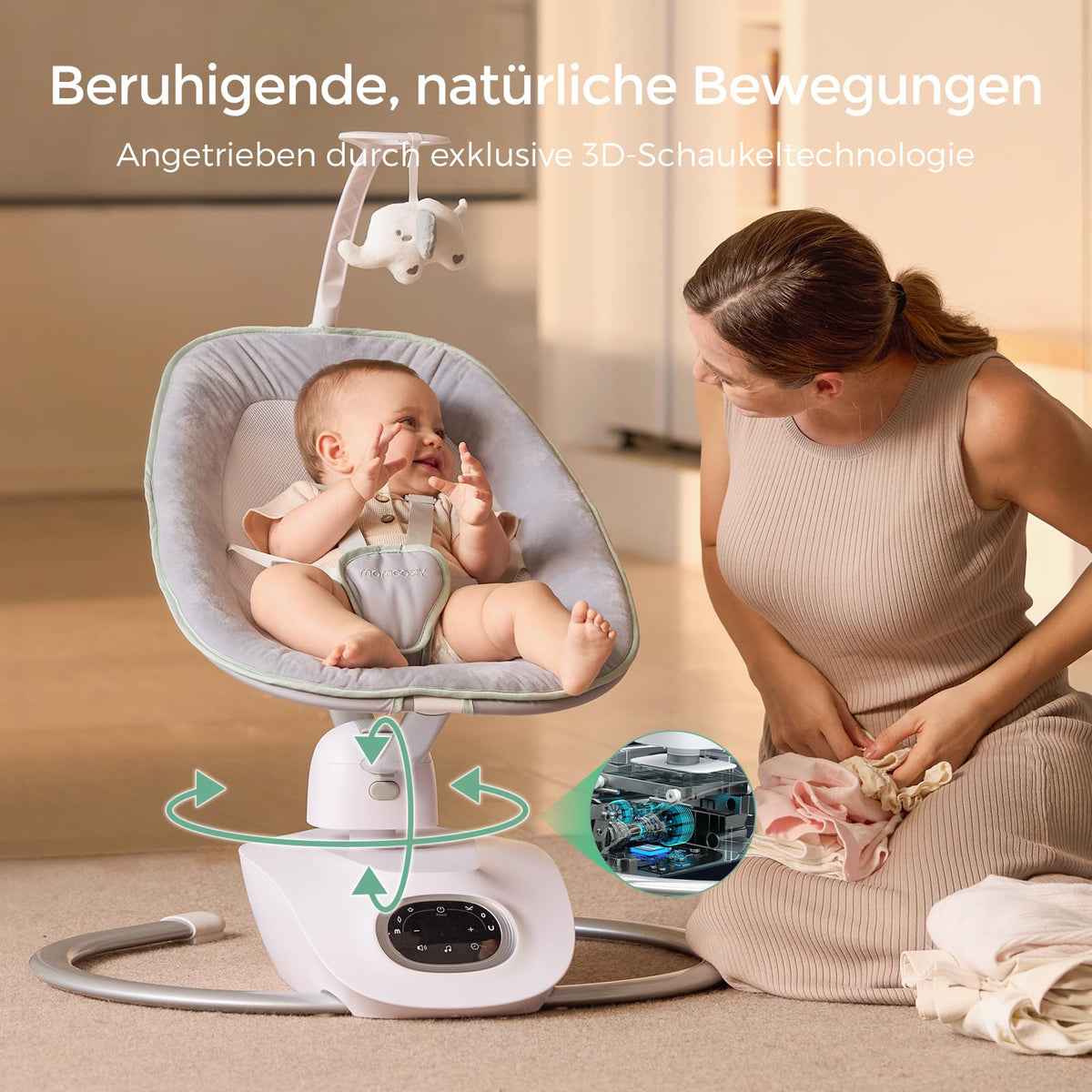 Elektrische Babywippe CocoSway mit 3D-Bewegung 6 Bewegungsarten 4 Geschwindigkeiten Fernbedienung 5-Punkt-Gurt 180° drehbar bis 9 kg