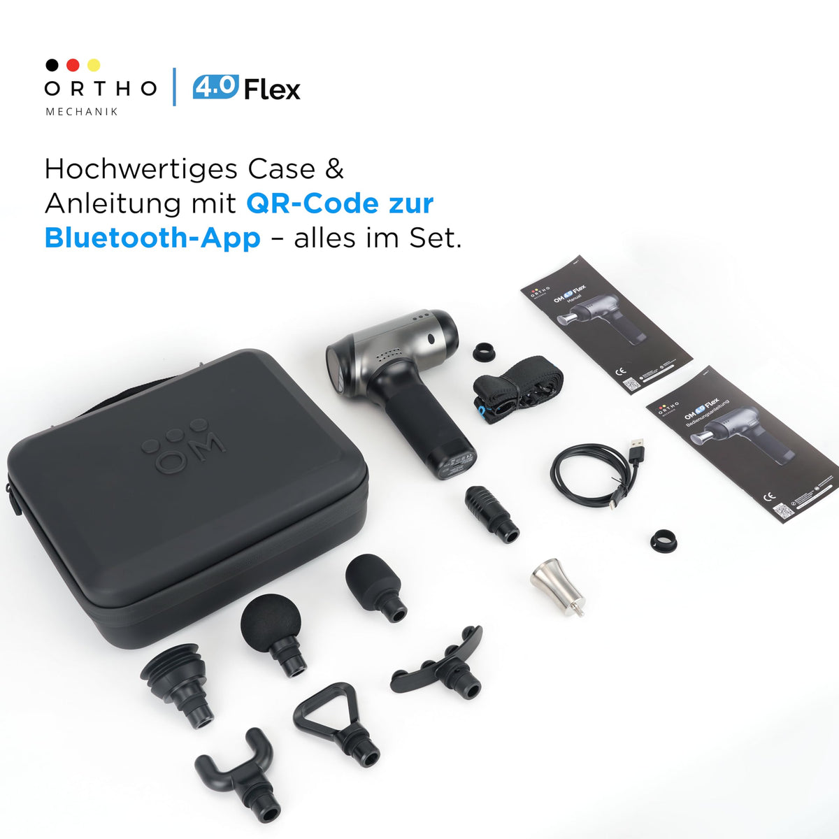 Massagepistole OM 4.0 Flex mit 8–12 mm Amplitude 5 Frequenzstufen 4000 mAh Akku 8 Aufsätzen und App