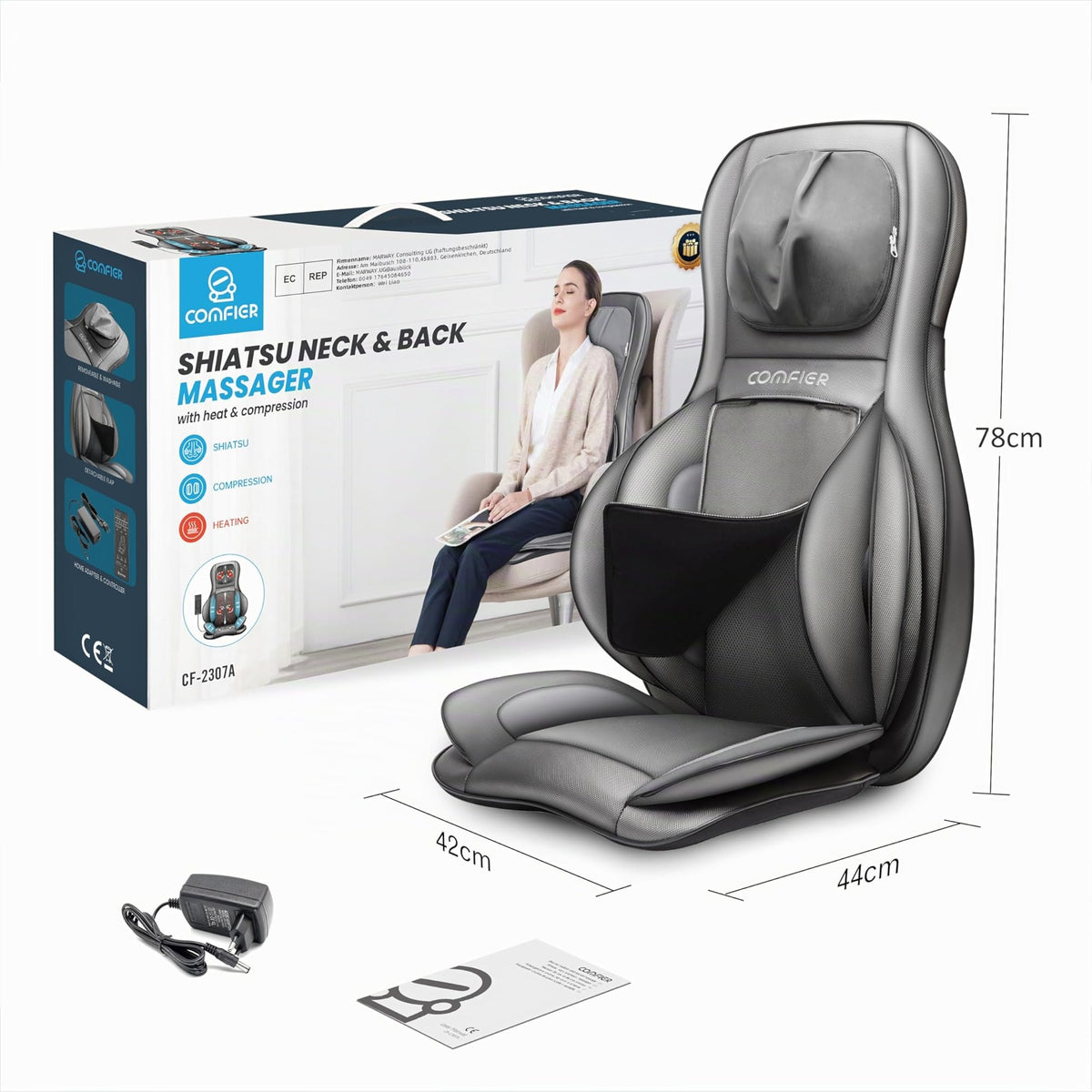 Shiatsu Massagesitzauflage mit Wärme 3D-Knetmassage Rollenmassage 3 Intensitätsstufen 15-Minuten-Timer für Nacken Rücken Schultern