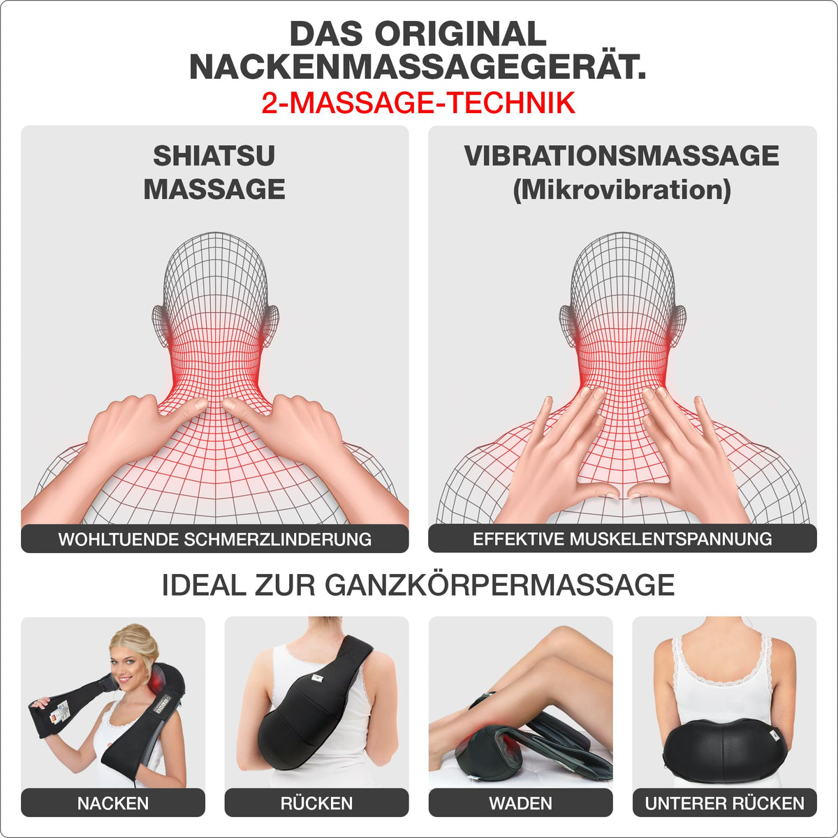 Nackenmassagegerät NM089 mit Shiatsu Massage Wärme Vibration Infrarot für Nacken Schultern Rücken und Beine