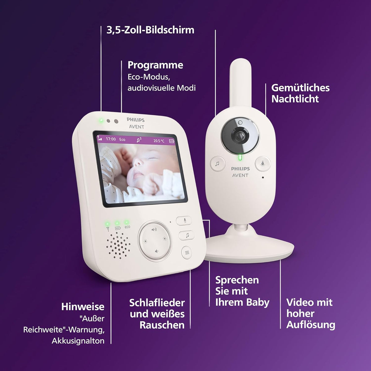 Video Babyphone mit Kamera SCD891/26 3,5 Zoll Display 720p Nachtsicht Temperaturüberwachung Schlaflieder