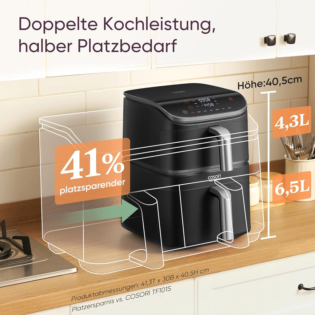 Heißluftfritteuse Turbo Tower Pro DC112 10,8 L 2630 W mit Keramikbeschichtung 2 Frittierkörben und Edelstahlrost