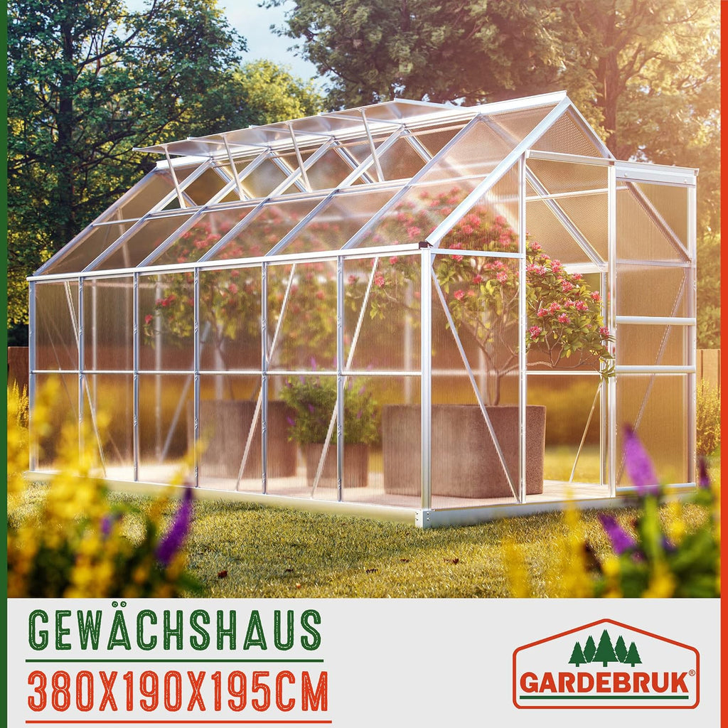 Aluminium Gewächshaus 7,2m² 380x190cm Treibhaus Polycarbonat 4mm 4 Dachfenster mit Fundament