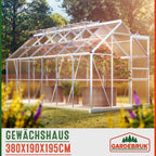 Aluminium Gewächshaus 7,2m² 380x190cm Treibhaus Polycarbonat 4mm 4 Dachfenster mit Fundament