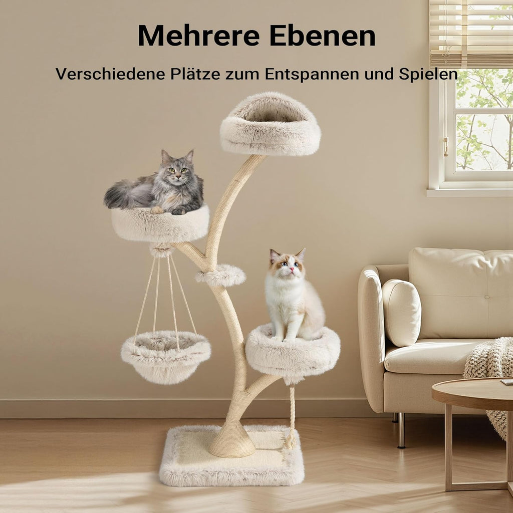 Kratzbaum mit Hängeliege 59 x 59 x 169 cm 3 Ebenen bis 15 kg Sisal und Plüsch Katzenbaum mit Liegeflächen und Spielbereichen