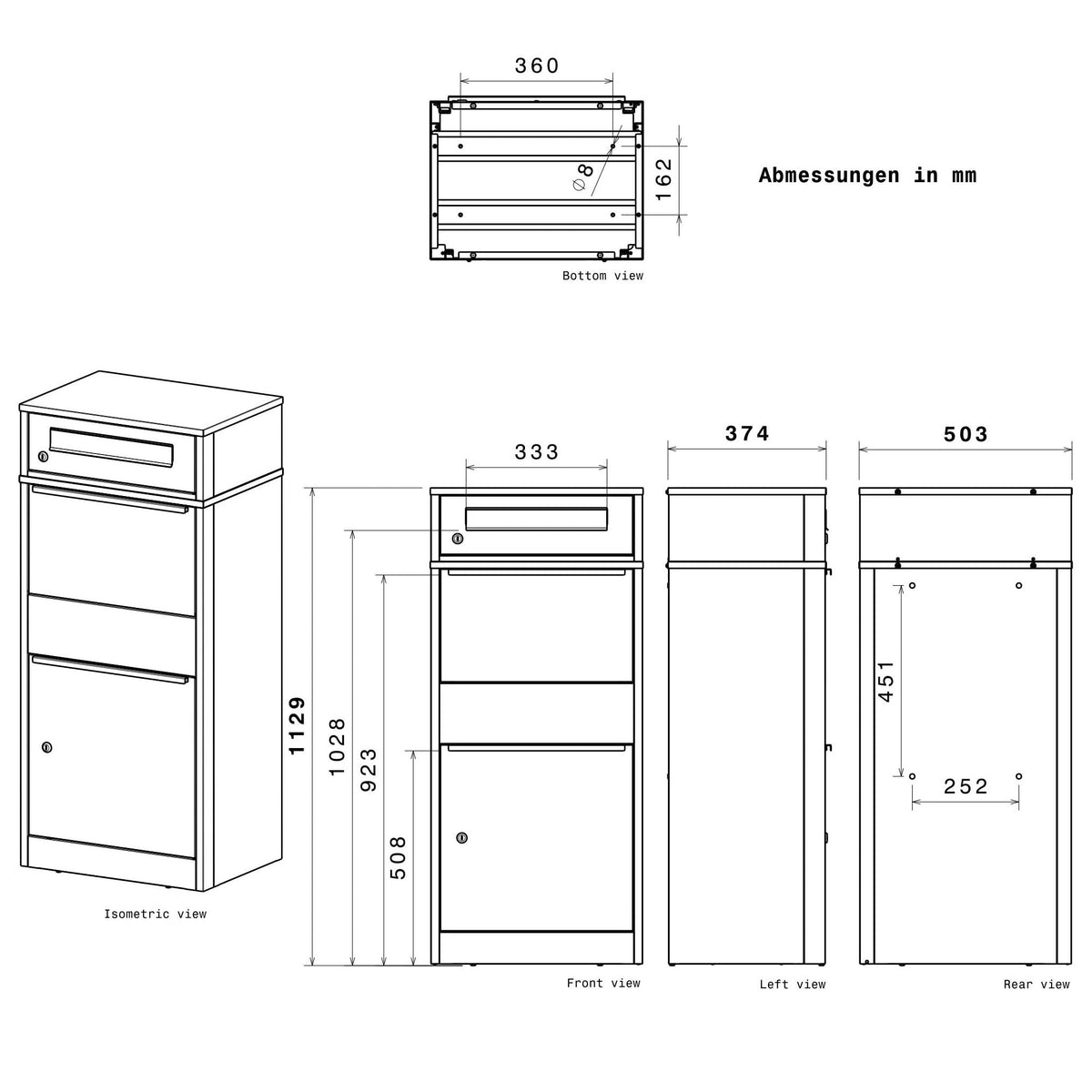 Paketbriefkasten mit großem Paketfach Bispo 2 112,9 x 50,3 x 37,4 cm Stahl abschließbar DIN C4 Einwurf 2 Schlüssel