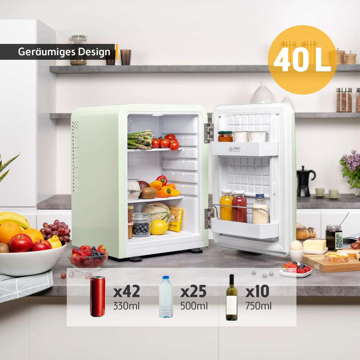 Mini Kühlschrank 40L Retro Design FA-5172-3-GL 40 Liter freistehend kompakt ohne Gefrierfach