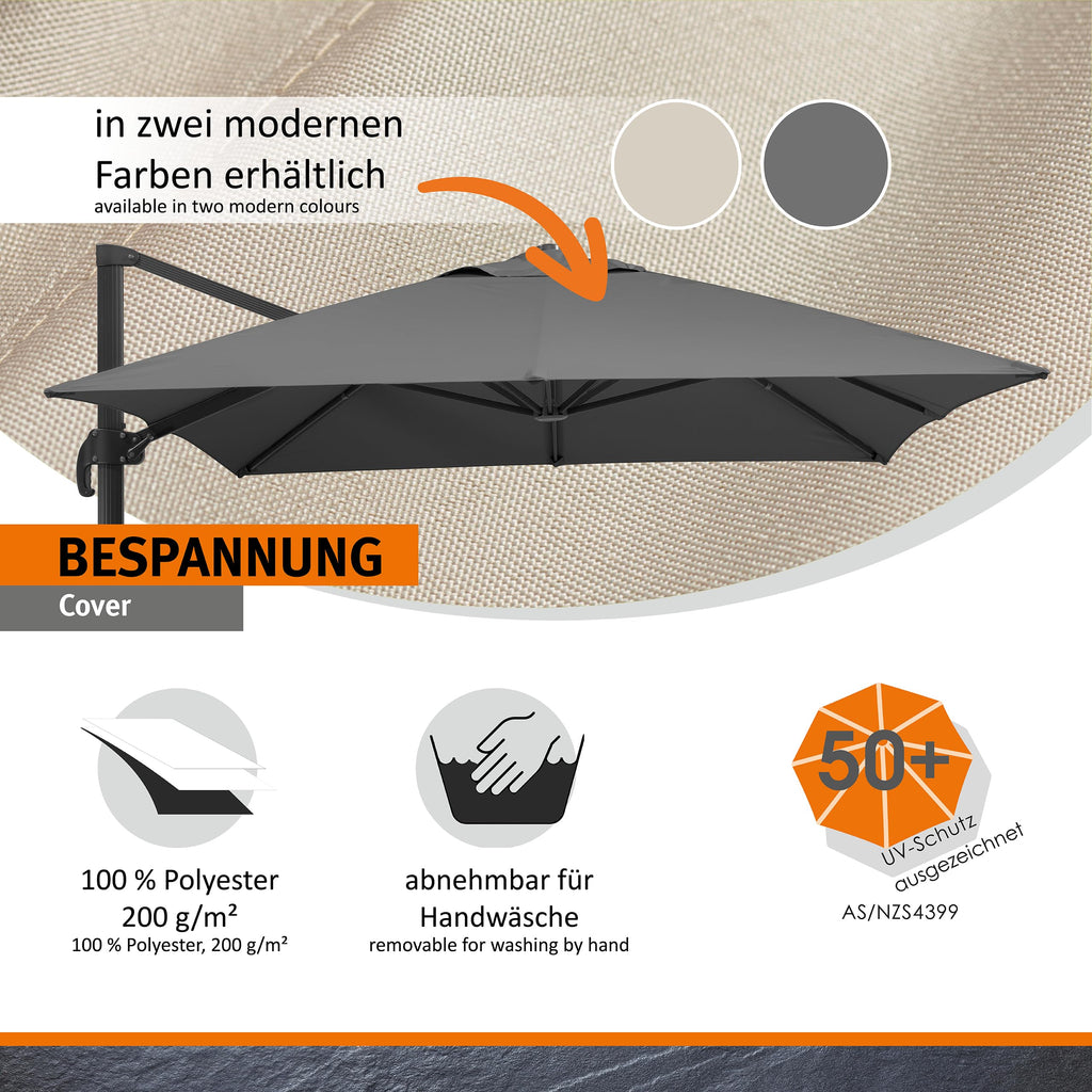 Rechteckiger Ampelschirm RHODOS GRANDE 400 x 300 cm aus Polyester mit Aluminiumgestell Kurbel 360° drehbar Anthrazit