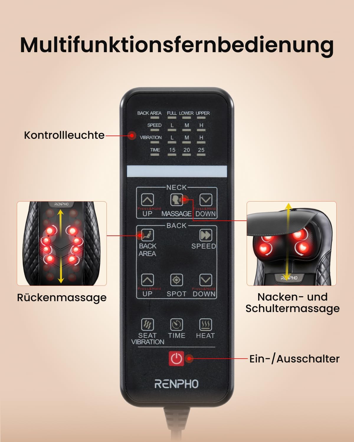 Shiatsu Massagesitzauflage für Rücken und Nacken 12 Massagerollen 3 Massagezonen Wärmefunktion Sitzvibration Verstellbare Nackenmassage