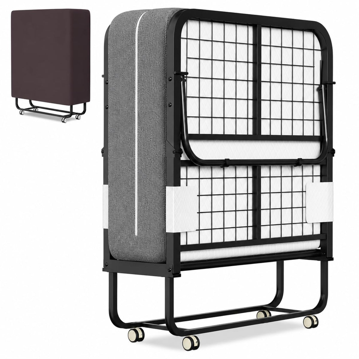 Klappbett 90 × 200 cm mit 13 cm Matratze bis 200 kg Metallrahmen Rollen Staubschutzhülle und waschbarem Bezug