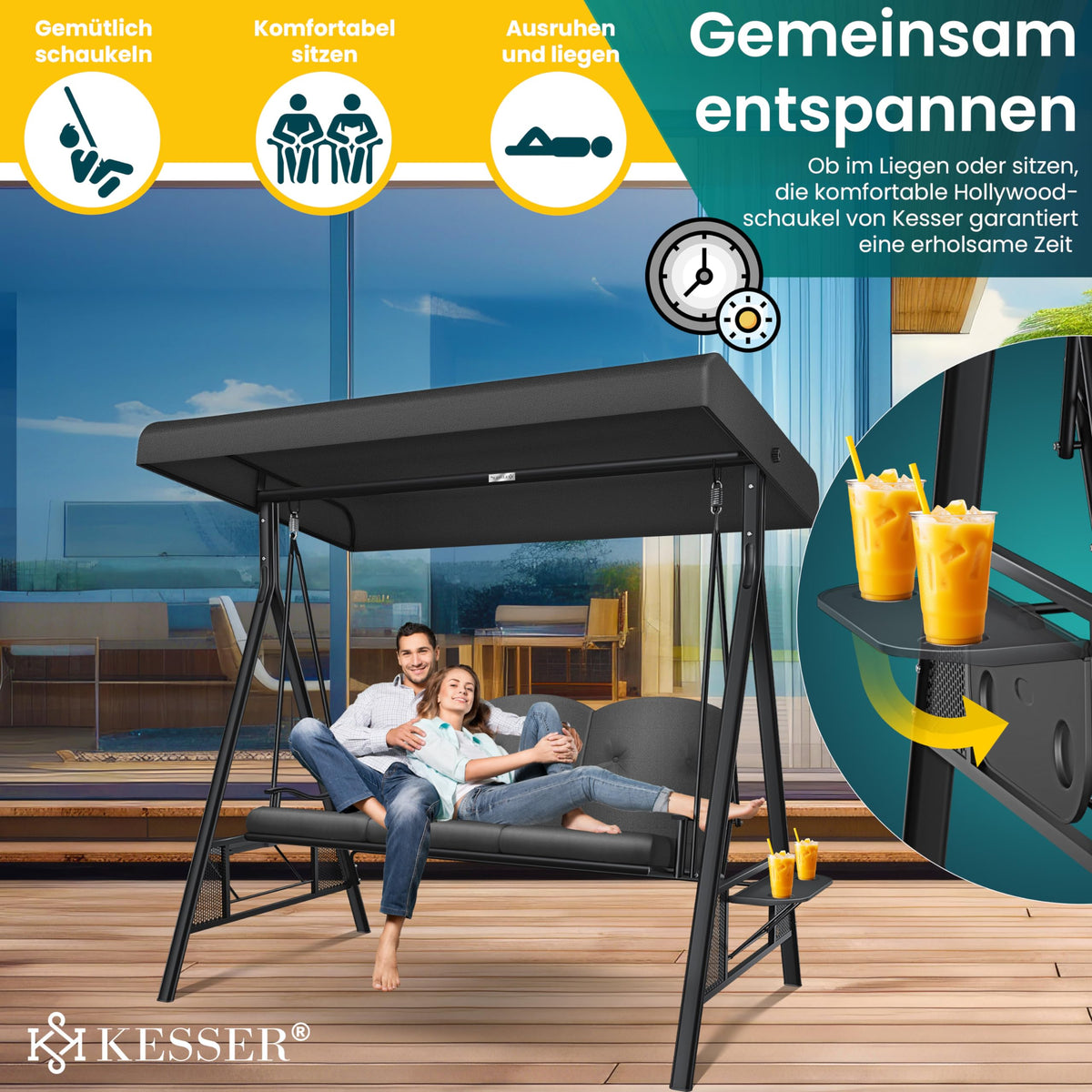 Hollywoodschaukel 3-Sitzer mit Sonnendach Sitzpolster Edelstahlrahmen bis 360 kg Anthrazit Sitztiefe 118 cm