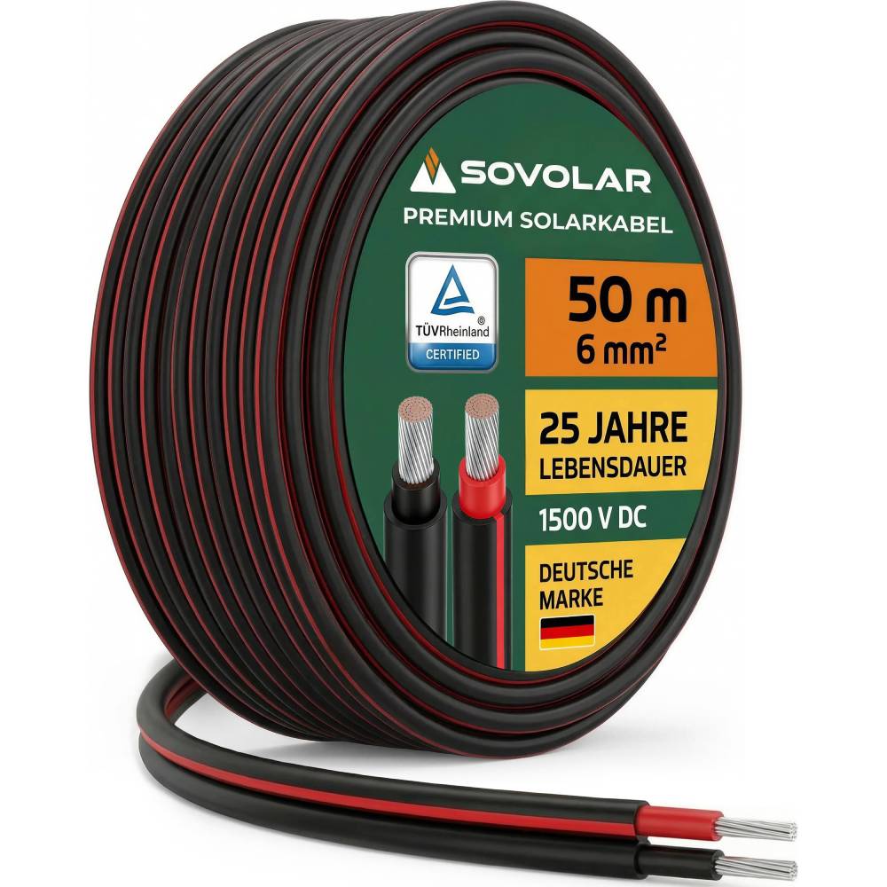 PV-Solarkabel H1Z2Z2-K 6 mm² 100 m Rolle Schwarz Kupfer 1500 V UV-beständig TÜV-zertifiziert