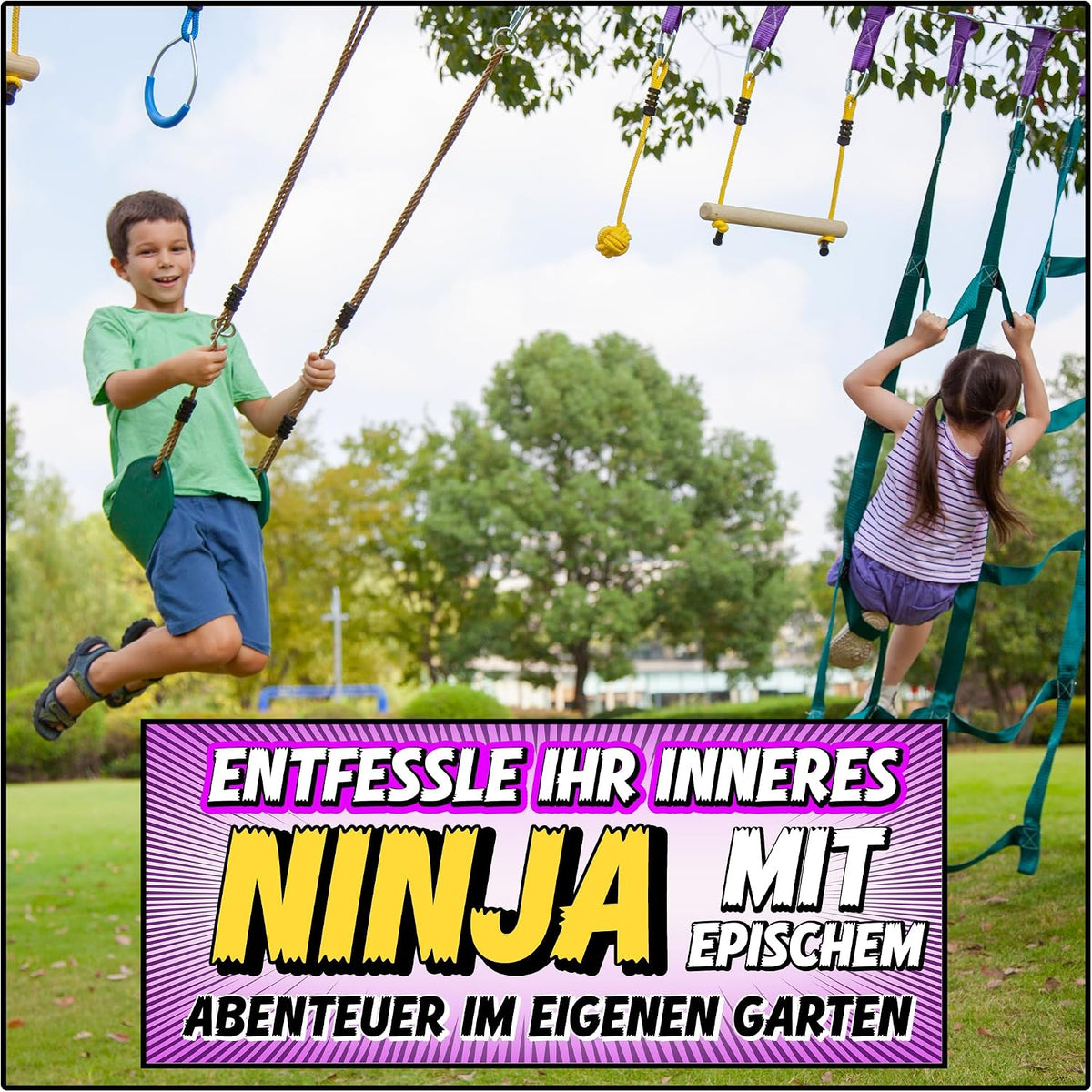 Ninja Hindernisparcours für Kinder Slackline Set 16,8 m mit Kletternetz Seilleiter Gymnastikringen Outdoor Trainingsgerät