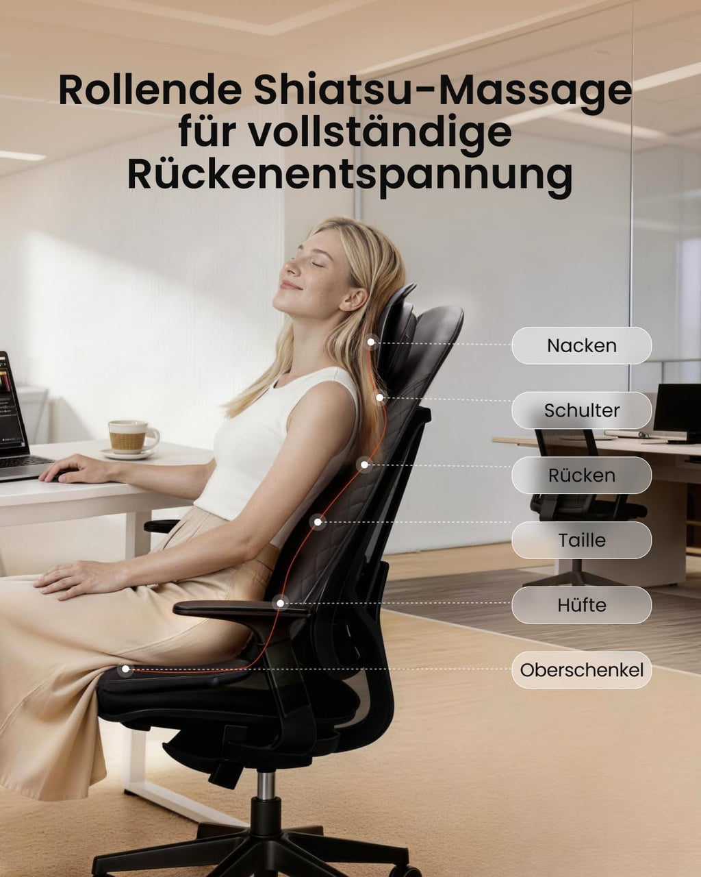 Shiatsu Massagesitzauflage für Rücken und Nacken 12 Massagerollen 3 Massagezonen Wärmefunktion Sitzvibration Verstellbare Nackenmassage