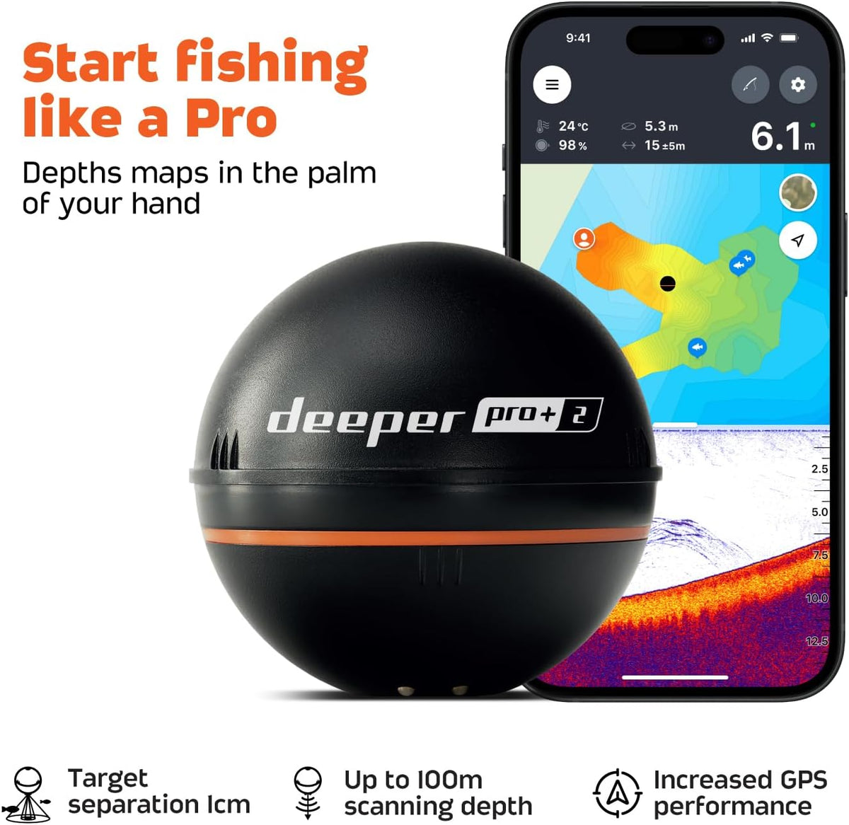Fischfinder Echolot Pro+ 2 mit GPS Tiefenmesser Sonar für Kajak Boot Eisangeln App Verbindung bis 100 m