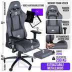Gaming Stuhl ergonomisch mit Fußstütze 150 kg 4D Armlehnen Memory Foam Silent Wheels Anthrazit