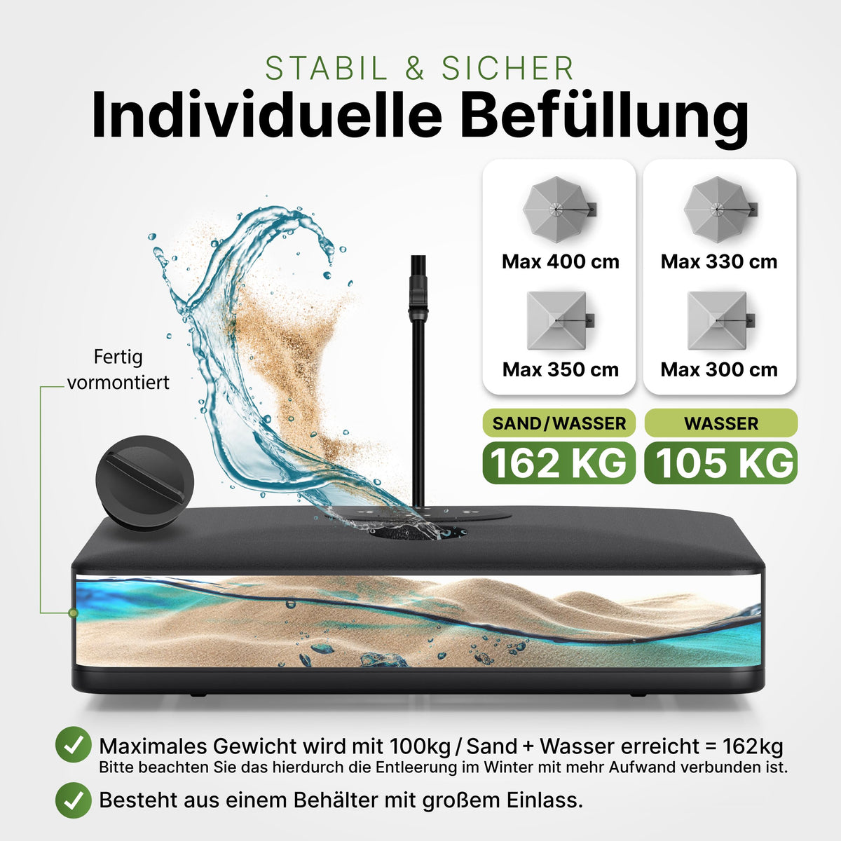 Sonnenschirmständer 162 kg befüllbar mit Rollen für Ampelschirme 84x84x21 cm Wasser Sand fahrbar