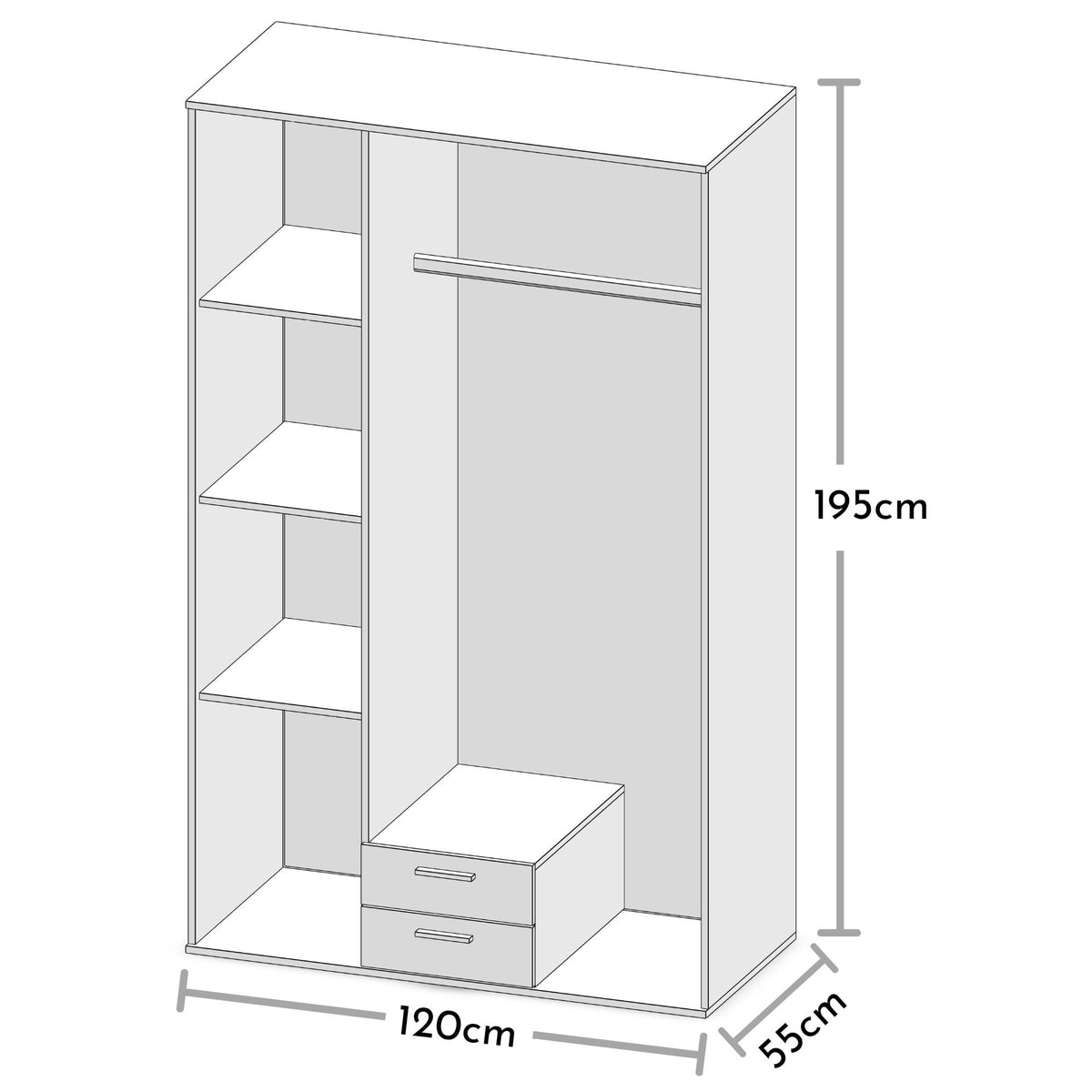 Kleiderschrank 3-türig 58-792-66 120 x 195 x 55 cm Drehtürenschrank mit Spiegeltür 2 Schubladen und 3 Regalböden