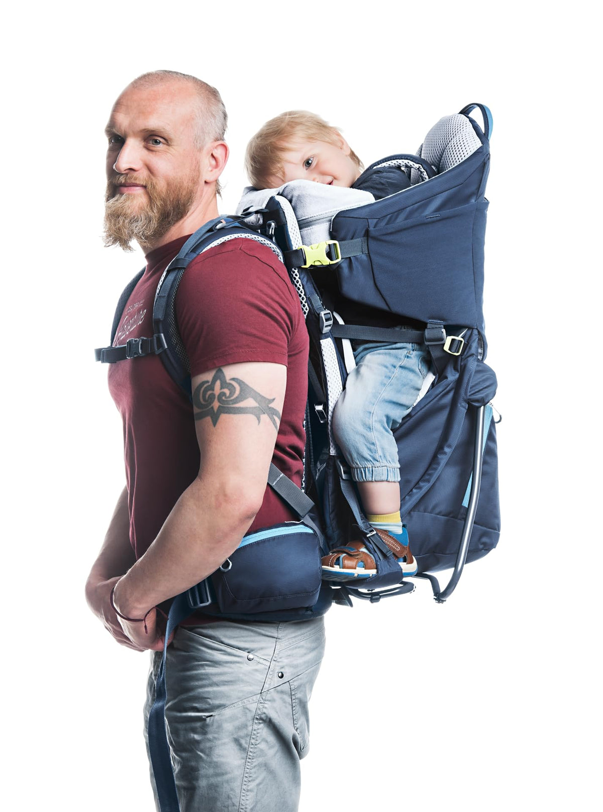 Kindertrage Kid Comfort mit verstellbarer Rückenlänge und Kindersitz Sonnendach VariFlex Hüftflossen bis 22 kg Blau