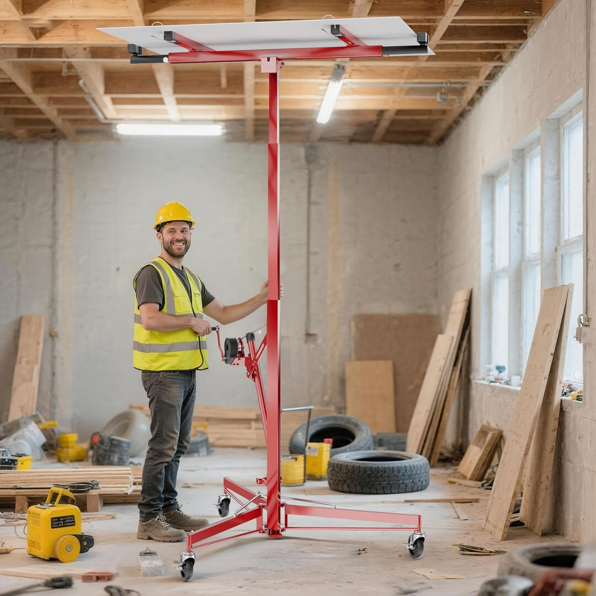 Plattenheber XXL 50790 Trockenbau 68kg Tragkraft 140–350cm Höhe 2,90m Breite 3 Rollen mit Feststellbremse rot