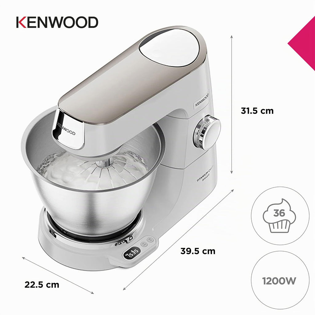 Küchenmaschine Titanium Chef Baker KVC65.001WH 1200 W 5 L Edelstahlschüssel mit Waage und Patisserie Set
