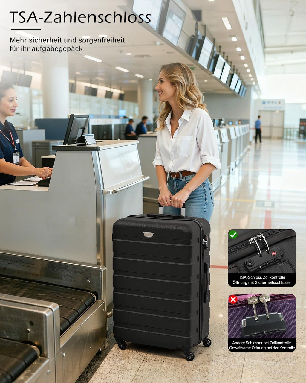 Kofferset Hartschale 3-teilig DE13 M L XL 65 L mit 360° Rollen TSA Schloss und 2 Griffen