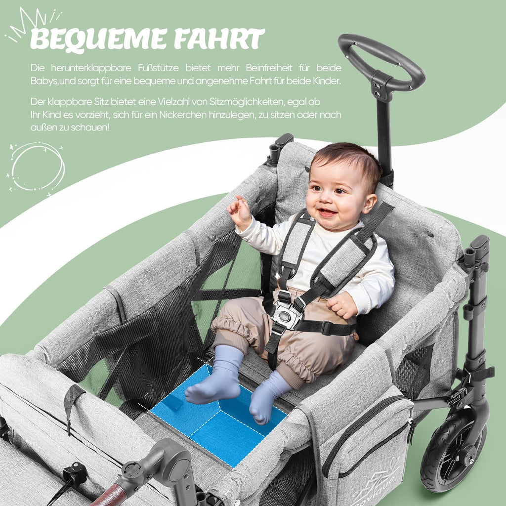 Faltbarer Bollerwagen RO-02 für 2 Kinder mit Dach 5-Punkt-Gurt PU-Rädern Snacktablett und Aluminiumrahmen Grau