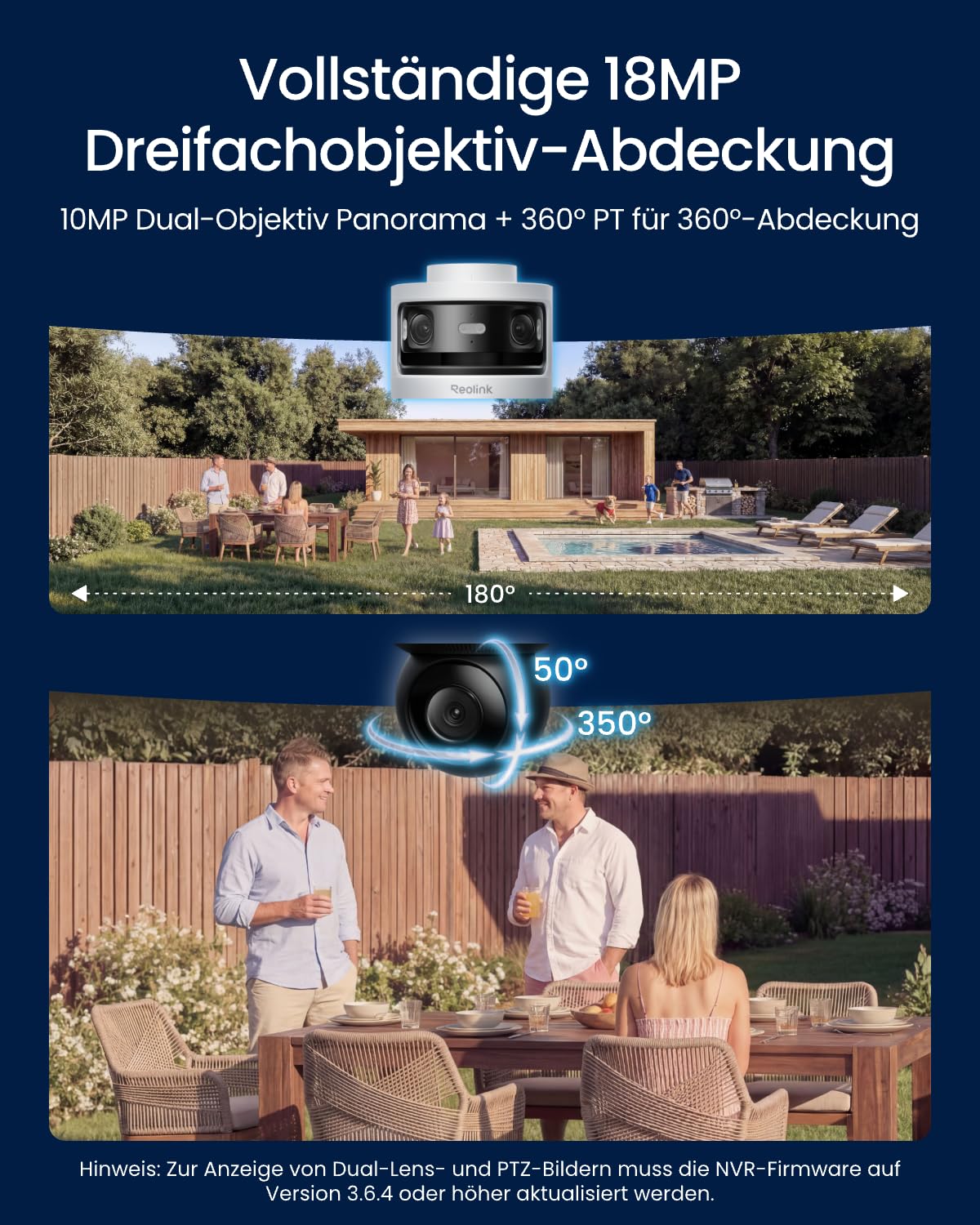 Dreifachobjektiv PoE Überwachungskamera außen 10MP+8MP 180° Panorama PTZ Auto-Tracking KI-Erkennung Farb- und IR-Nachtsicht 24/7-Aufzeichnung