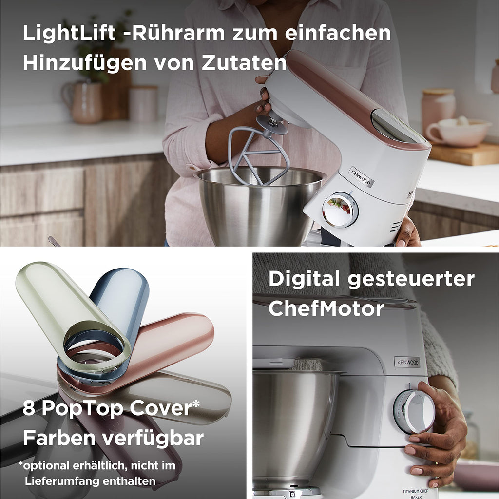 Küchenmaschine Titanium Chef Baker KVC65.001WH 1200 W 5 L Edelstahlschüssel mit Waage und Patisserie Set