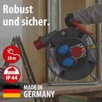 CEE-Kabeltrommel 30 m IP44 H07RN-F 5G1,5 400 V 16 A mit CEE-Steckdose und 2 Schutzkontakt-Steckdosen für Außenbereich