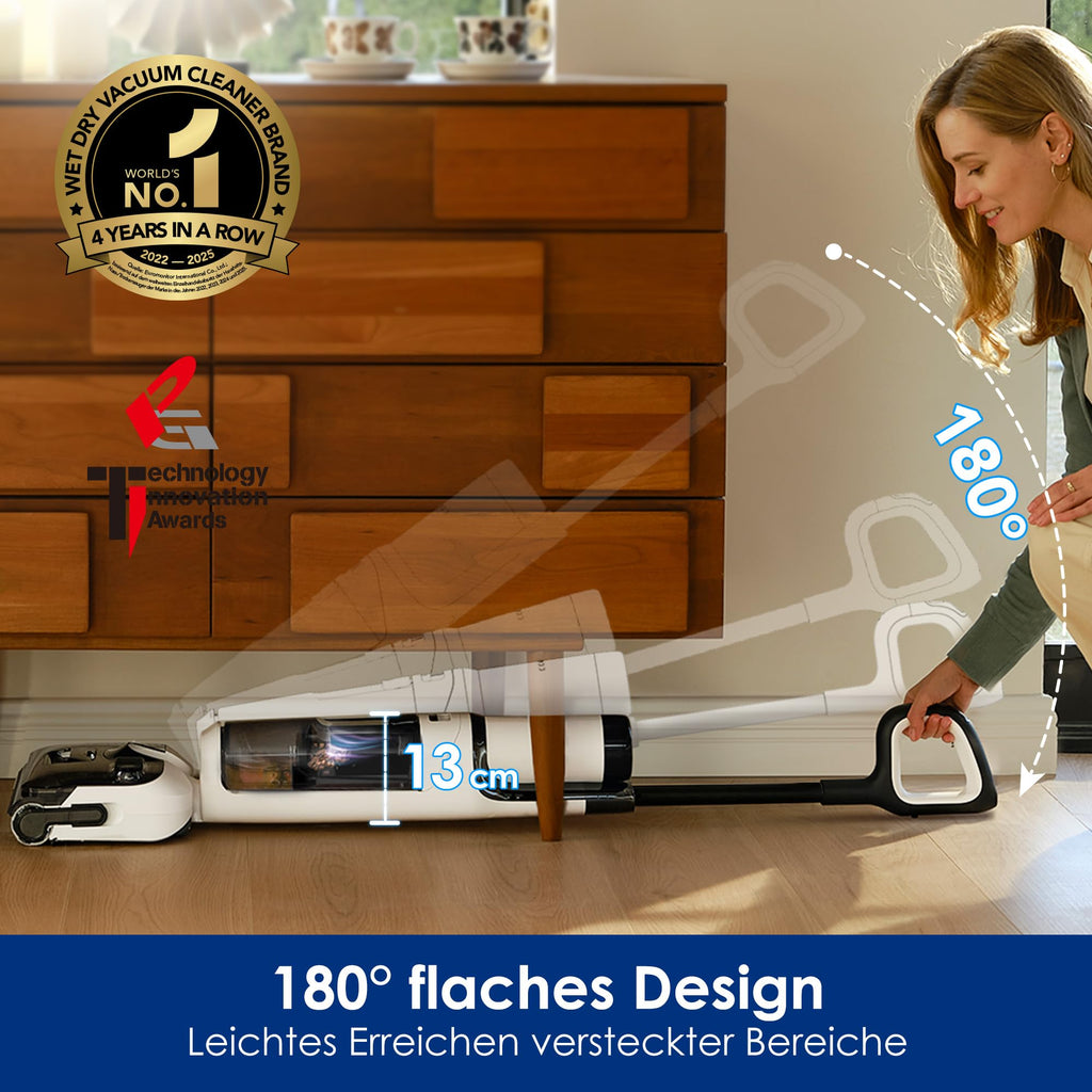 Nass-Trockensauger Floor One Stretch S6 180° Flachdesign 13 cm Liegehöhe 40 Min Laufzeit 21,6 V 85 °C Selbstreinigung HEPA-Filter