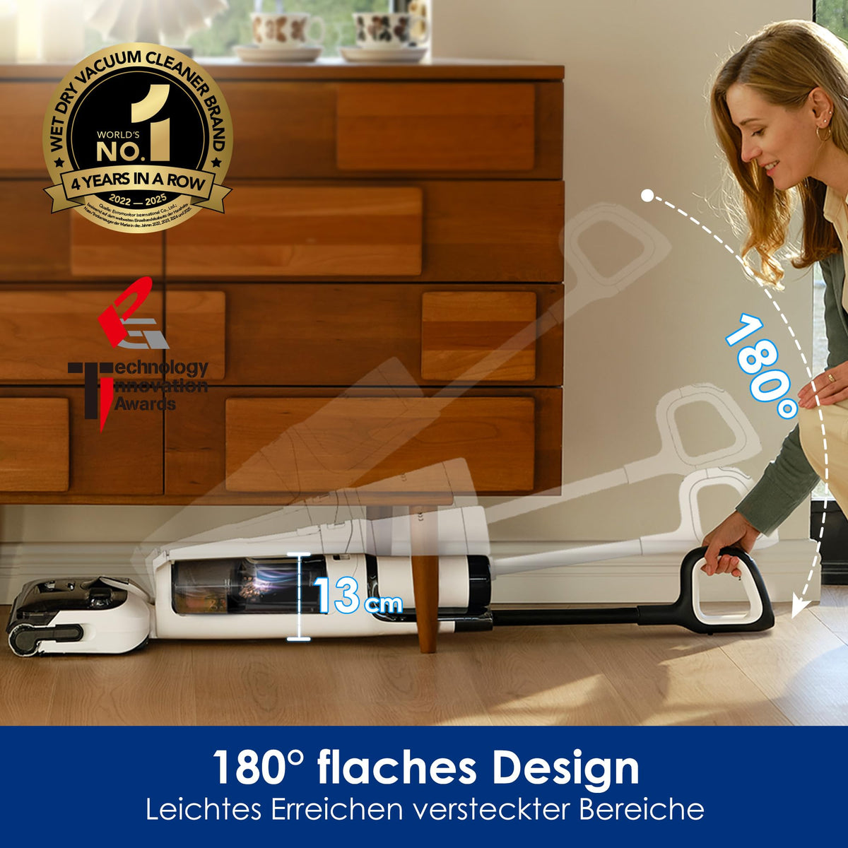 Nass-Trockensauger Floor One Stretch S6 180° Flachdesign 13 cm Liegehöhe 40 Min Laufzeit 21,6 V 85 °C Selbstreinigung HEPA-Filter