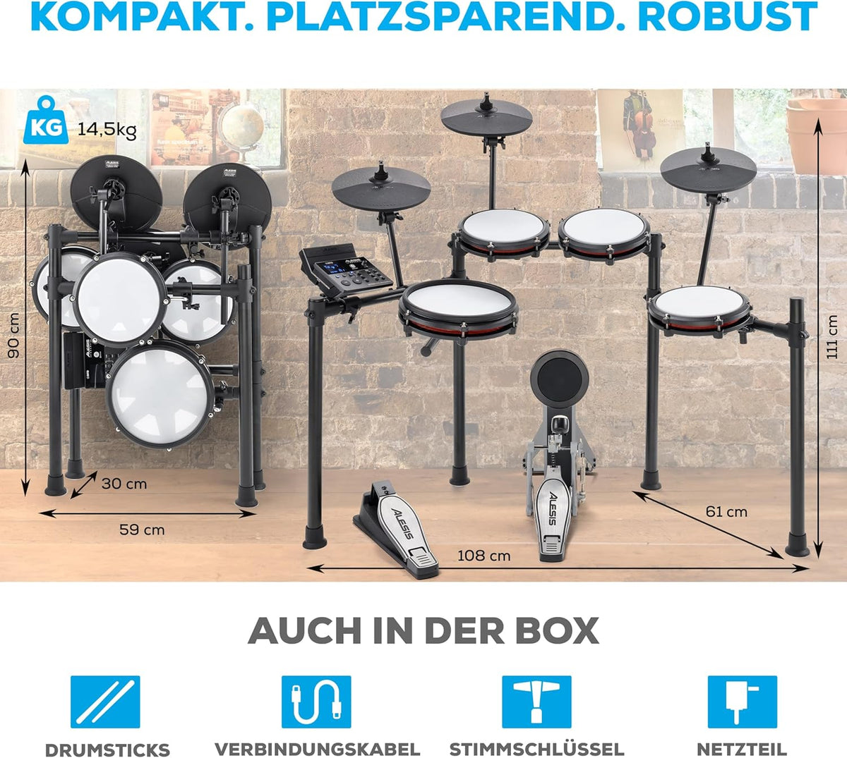 E-Drum Set 8-teilig Nitro Max Kit 10 Zoll Dual-Zone Snare Mesh Pads Bluetooth USB MIDI 440+ Sounds